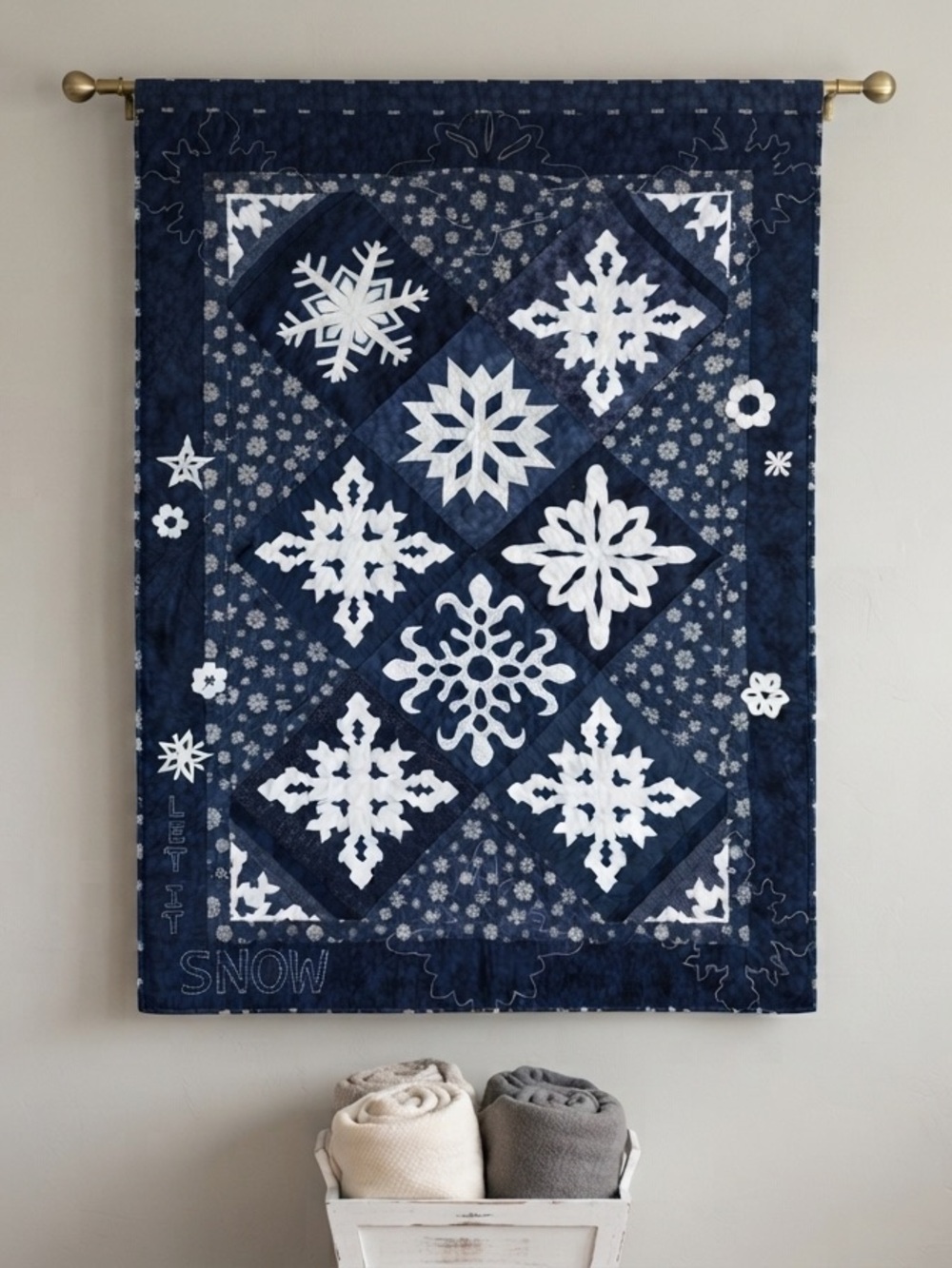 Handmade Let It Snow Winter Snowflake Quilt Wall Hanging Throw